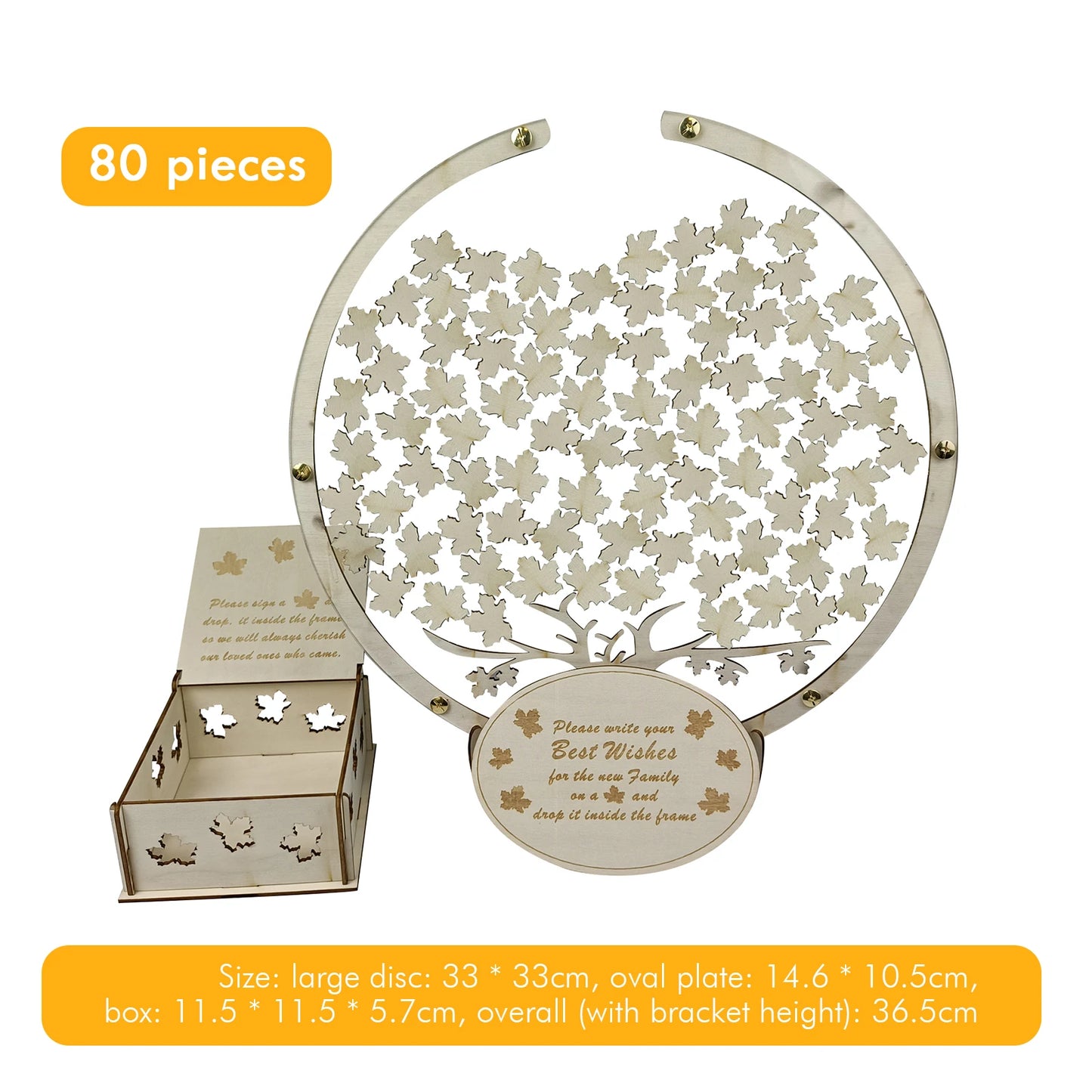 Wooden wish tree guest book with 80 leaf pieces and box. Guests write messages on leaves and place them in the circular frame. Dimensions listed below in orange box.