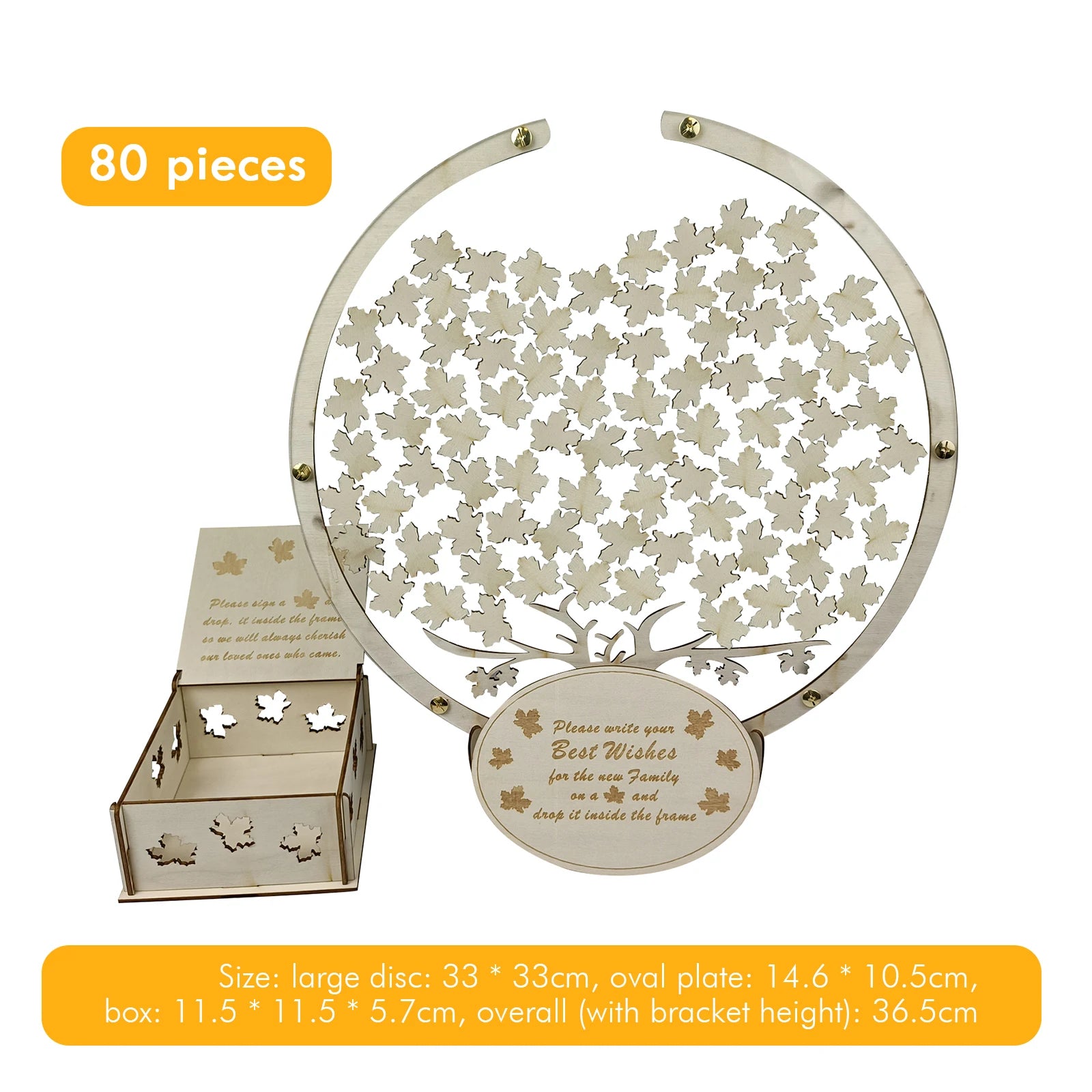 Wooden wish tree guest book with 80 leaf pieces and box. Guests write messages on leaves and place them in the circular frame. Dimensions listed below in orange box.