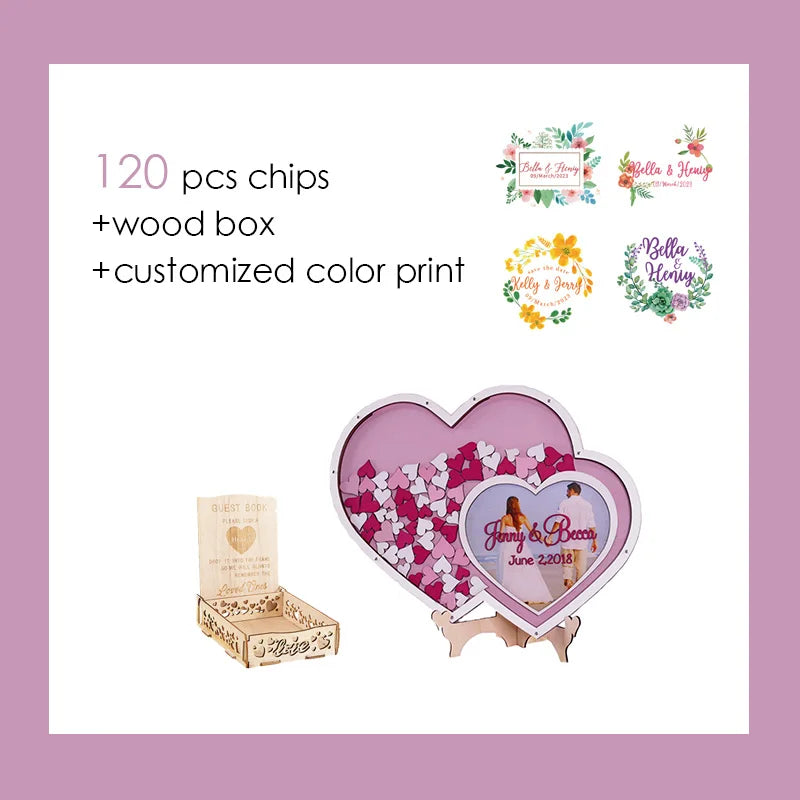 Heart-shaped guest book with pink and white heart chips, a wooden box, and colorful customized prints. Includes "120 pcs chips + wood box + customized color print" text.