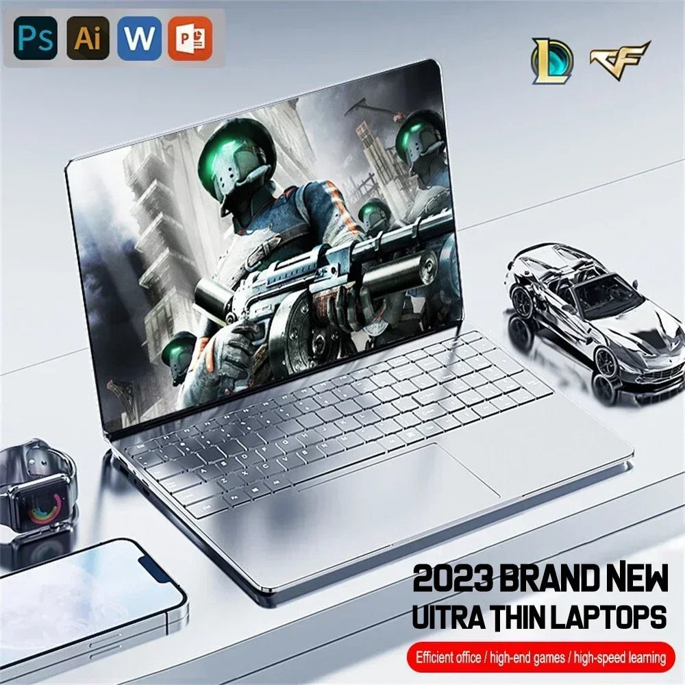 Laptop displaying futuristic soldiers, with a toy car, smartwatch, and smartphone nearby. Text reads "2023 Brand New Ultra Thin Laptops" highlighting office, gaming, and learning uses.