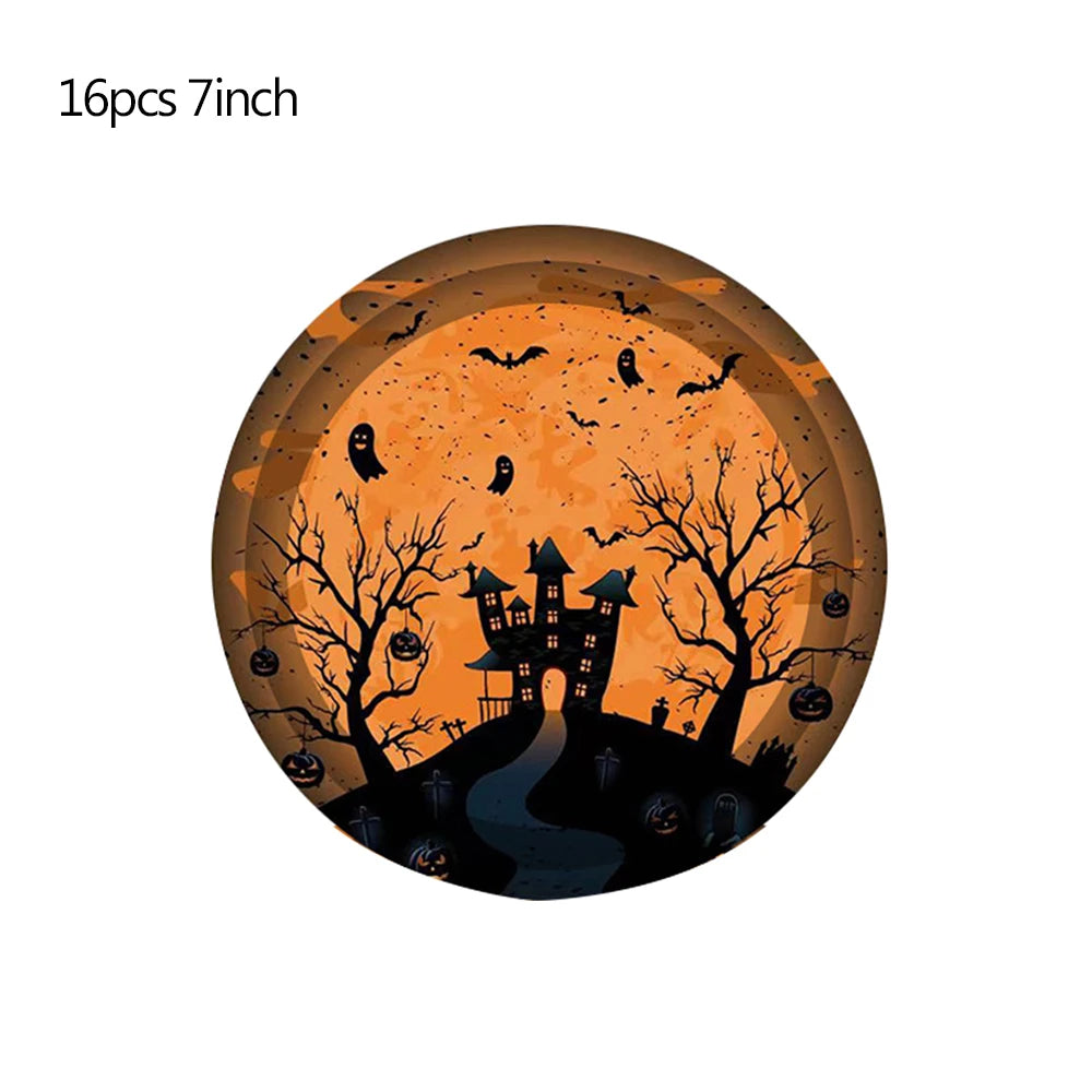Halloween-themed paper plate with haunted house, bats, ghosts, bare trees, and jack-o'-lanterns against an orange background. Sold as a pack of 16, 7-inch plates.
