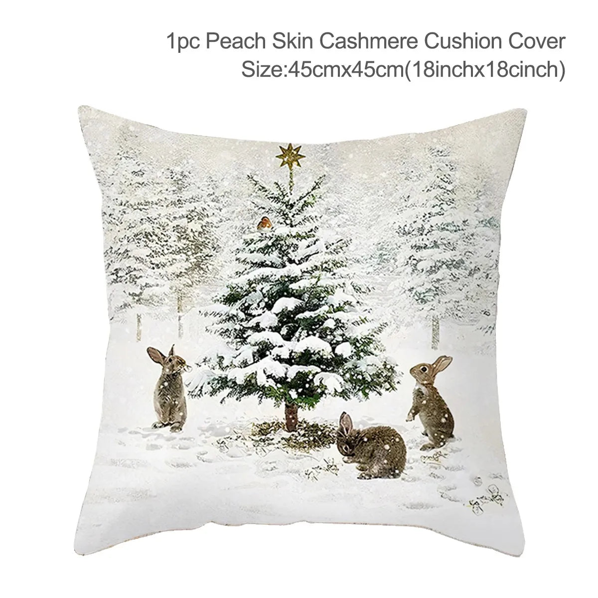 Winter-themed cushion cover featuring a snowy forest scene with three rabbits around a Christmas tree topped with a star. Snow gently falls, creating a serene atmosphere.