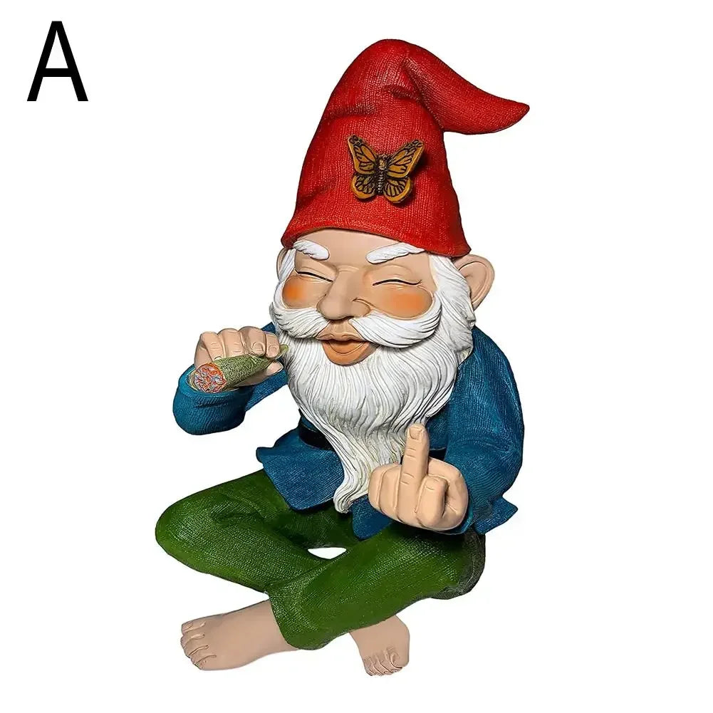 A colorful garden gnome with a red hat, featuring a butterfly, sitting cross-legged. It holds a cigar and gestures with its middle finger, wearing a blue shirt and green pants.