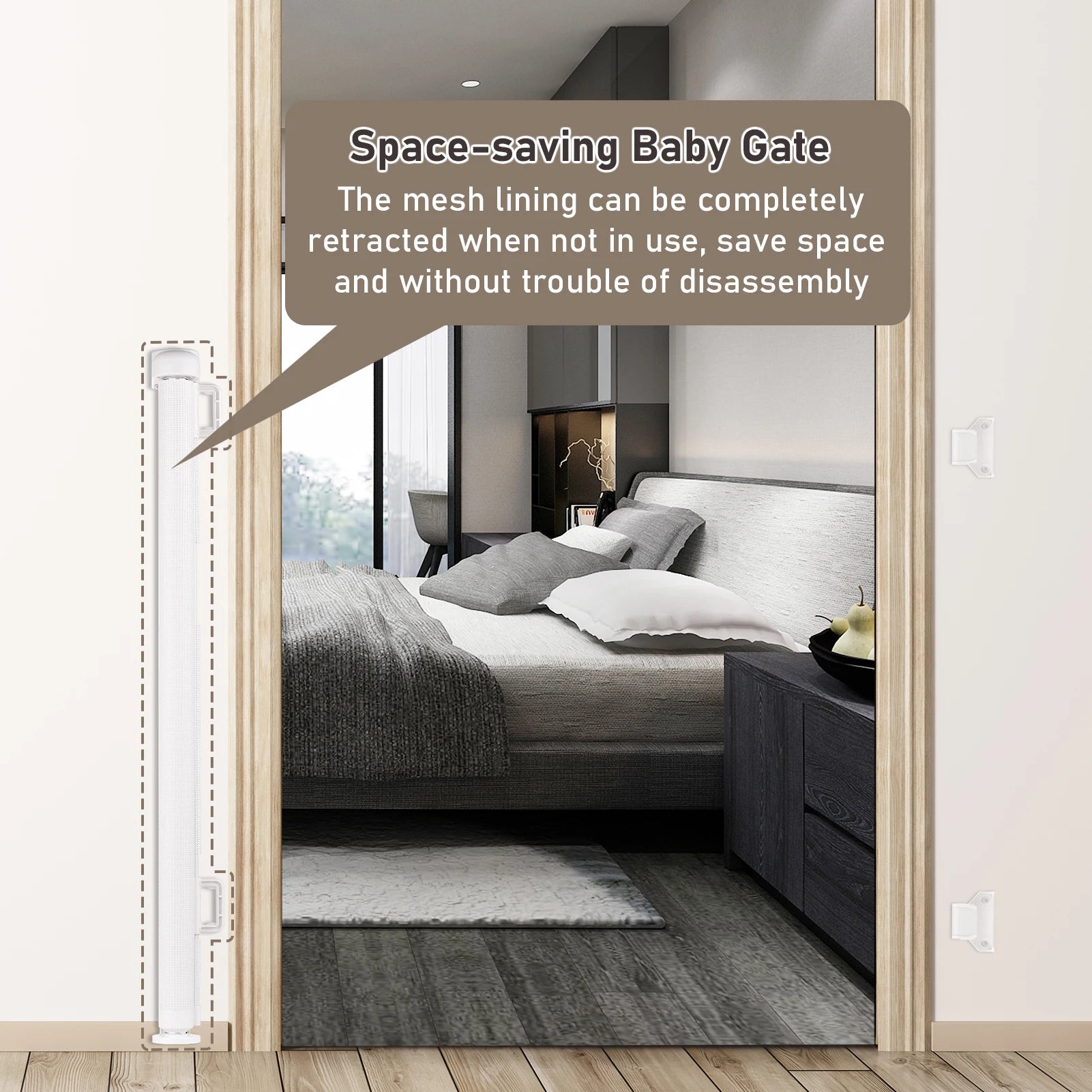 Baby gate with retractable mesh shown in a doorway. Text highlights its space-saving feature, emphasizing easy retraction without disassembly. Bedroom visible in the background.