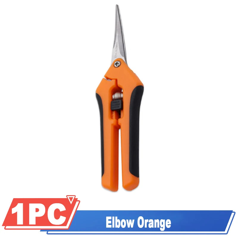 Orange-handled pruning shears with a pointed metal blade, featuring a spring mechanism and a lock. Text below reads "1PC Elbow Orange" on a blue label.