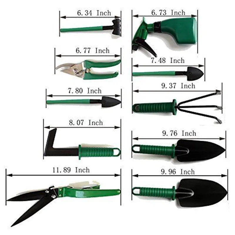 A set of various garden tools with green handles, including shears, trowels, a rake, and a sprayer, each labeled with their respective lengths in inches.