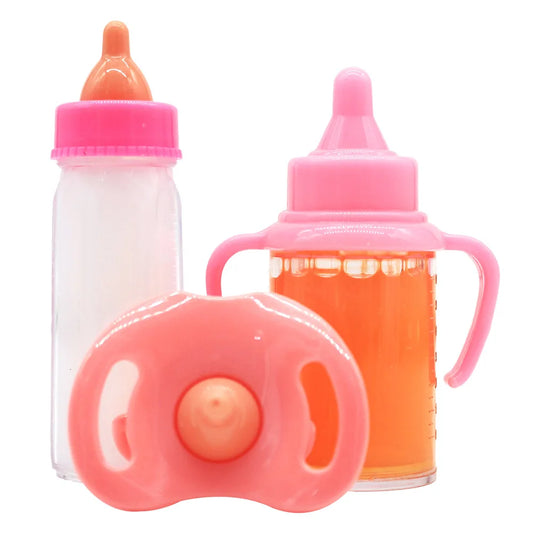 Two baby bottles, one with white liquid and pink lid, the other with orange liquid, pink handles. A pink pacifier is in the foreground.