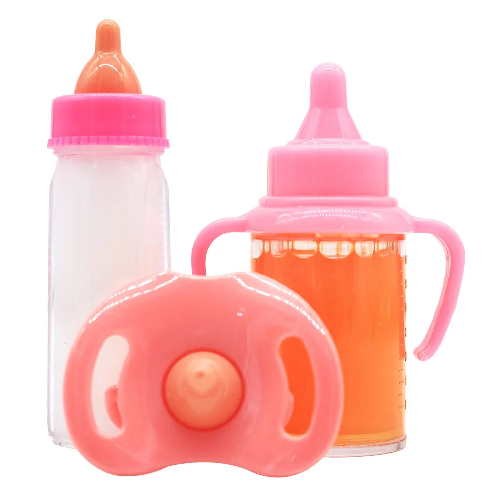 Two baby bottles with pink lids, one filled with milk and the other with orange liquid. A pink pacifier is placed in front of the bottles.