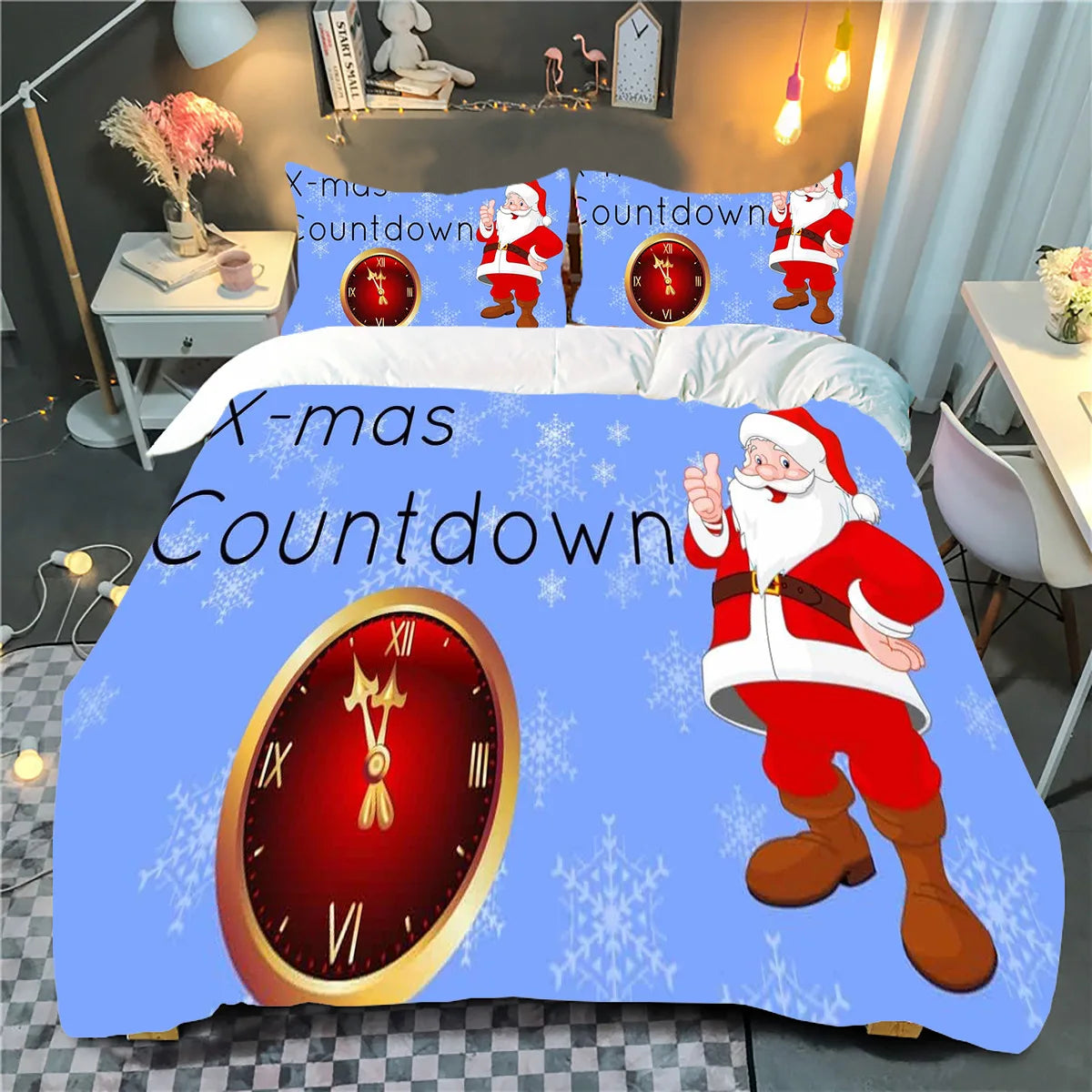 Festive bedroom with a Christmas countdown-themed bedding set, featuring Santa, a clock, snowflakes, and the words "X-mas Countdown" on a light blue background.