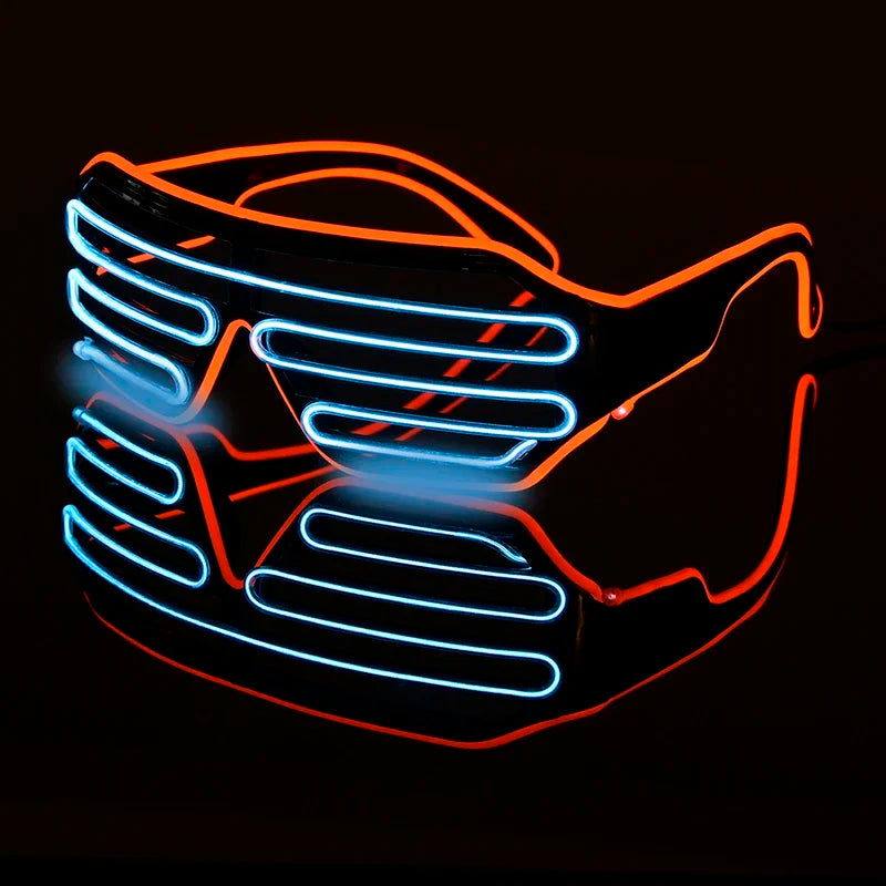 Neon slatted sunglasses featuring red and blue lights, glowing against a dark background. The design is reflective and futuristic, capturing a sleek, modern aesthetic.
