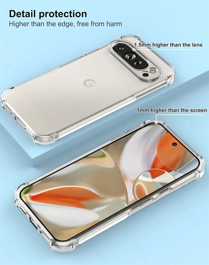Clear phone case on a smartphone, with text highlighting protection features: 1.5mm higher than the lens and 1mm higher than the screen. Background is light blue.