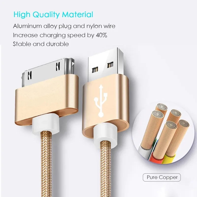 Gold USB and 30-pin cable with nylon braid, highlighting aluminum alloy connectors and pure copper wiring. Text states increased charging speed by 40%, stable and durable.