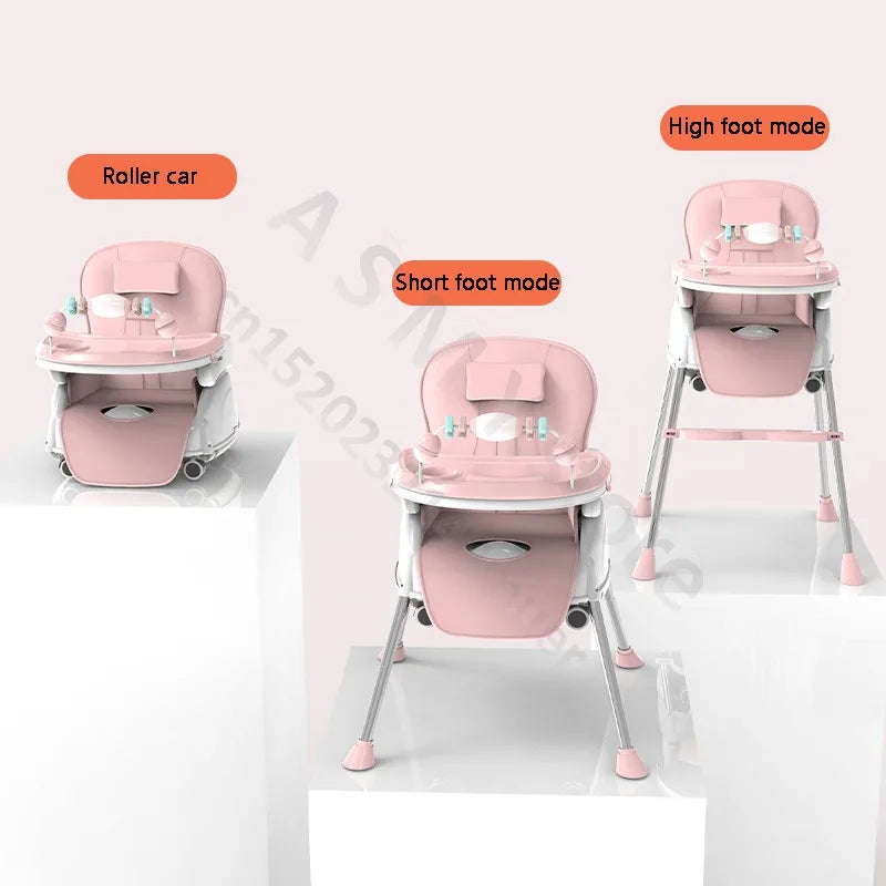 Three pink adjustable high chairs are shown. One is in roller car mode, another in short foot mode, and the third in high foot mode. All are placed on white blocks.