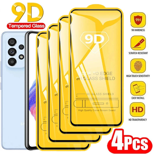 Package of four 9D tempered glass screen protectors for a smartphone, highlighting features like 9H hardness, scratch resistance, high touch sensitivity, easy install, and HD transparency.