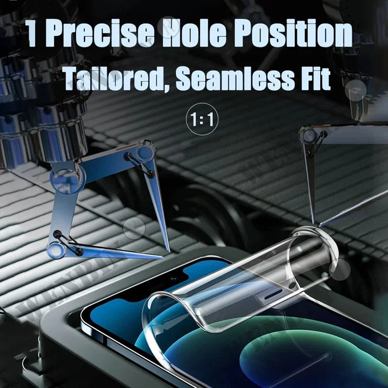 A robotic arm precisely positions a clear screen protector over a smartphone, emphasizing a tailored, seamless fit. Text highlights "Precise Hole Position" and "1:1" accuracy.