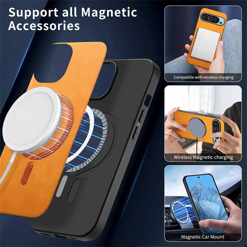 Phone cases supporting magnetic accessories and wireless charging. Features include a magnetic car mount and compatibility with an orange case for easy attachment.