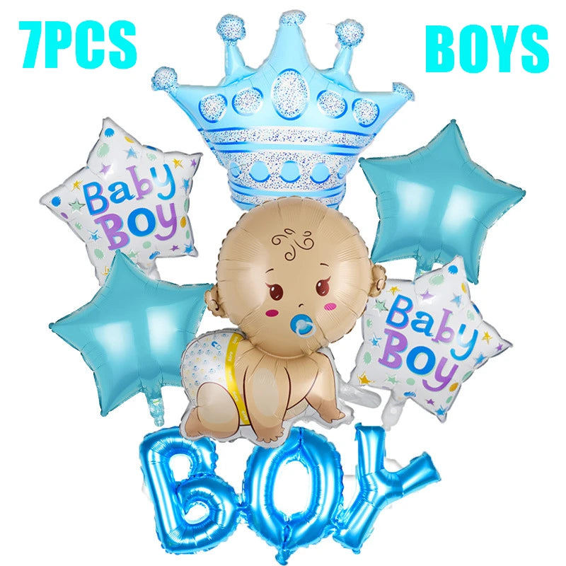 Seven-piece blue and white balloon set featuring a baby boy, stars with "Baby Boy" text, a crown, and "BOY" letters, ideal for a baby shower.