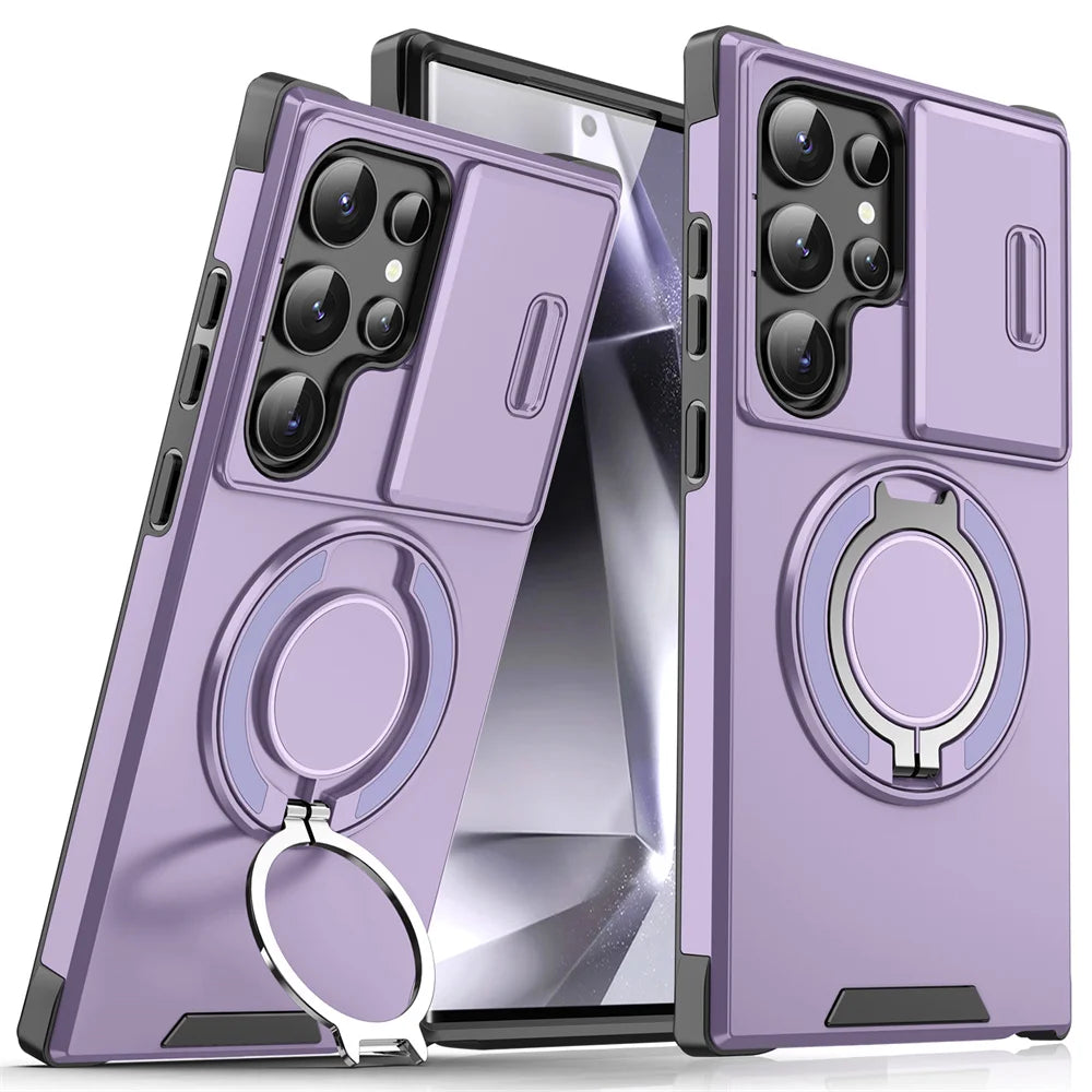 Purple smartphone cases with sliding camera covers and ring holders, shown on two phones. The cases feature multi-camera cutouts and protection for the device.