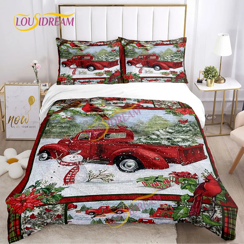 Festive bedding set featuring a snowy scene with a vintage red truck, snowman, cardinals, and poinsettias. The room includes a modern white headboard, side table, and decor.