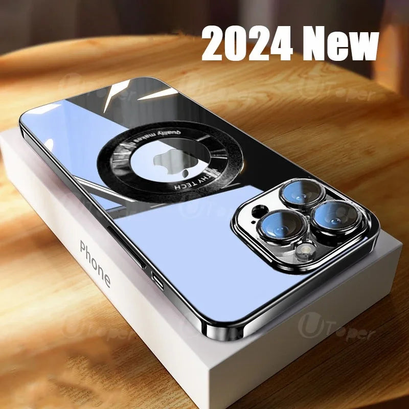 Sleek smartphone with a reflective back, triple camera setup, and metallic edges. "2024 New" text above, phone rests on a white box atop a wooden surface.