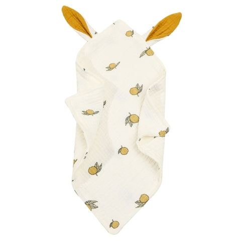 White muslin baby lovey blanket adorned with yellow lemon prints and has two brown fabric ears on top, mimicking an animal's head.