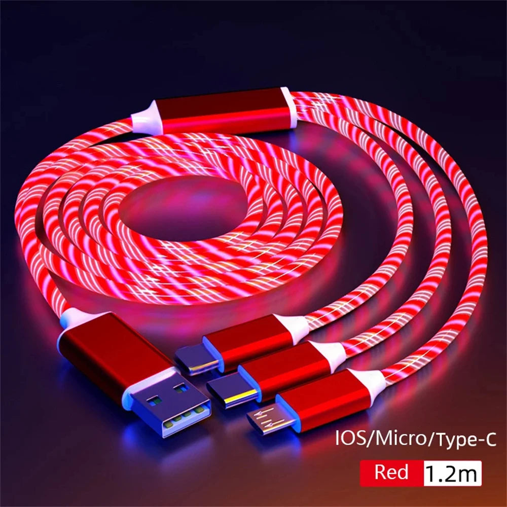 Red 1.2m charging cable with glowing spiral light effect. Features USB, Lightning, Micro USB, and Type-C connectors for versatile device compatibility.