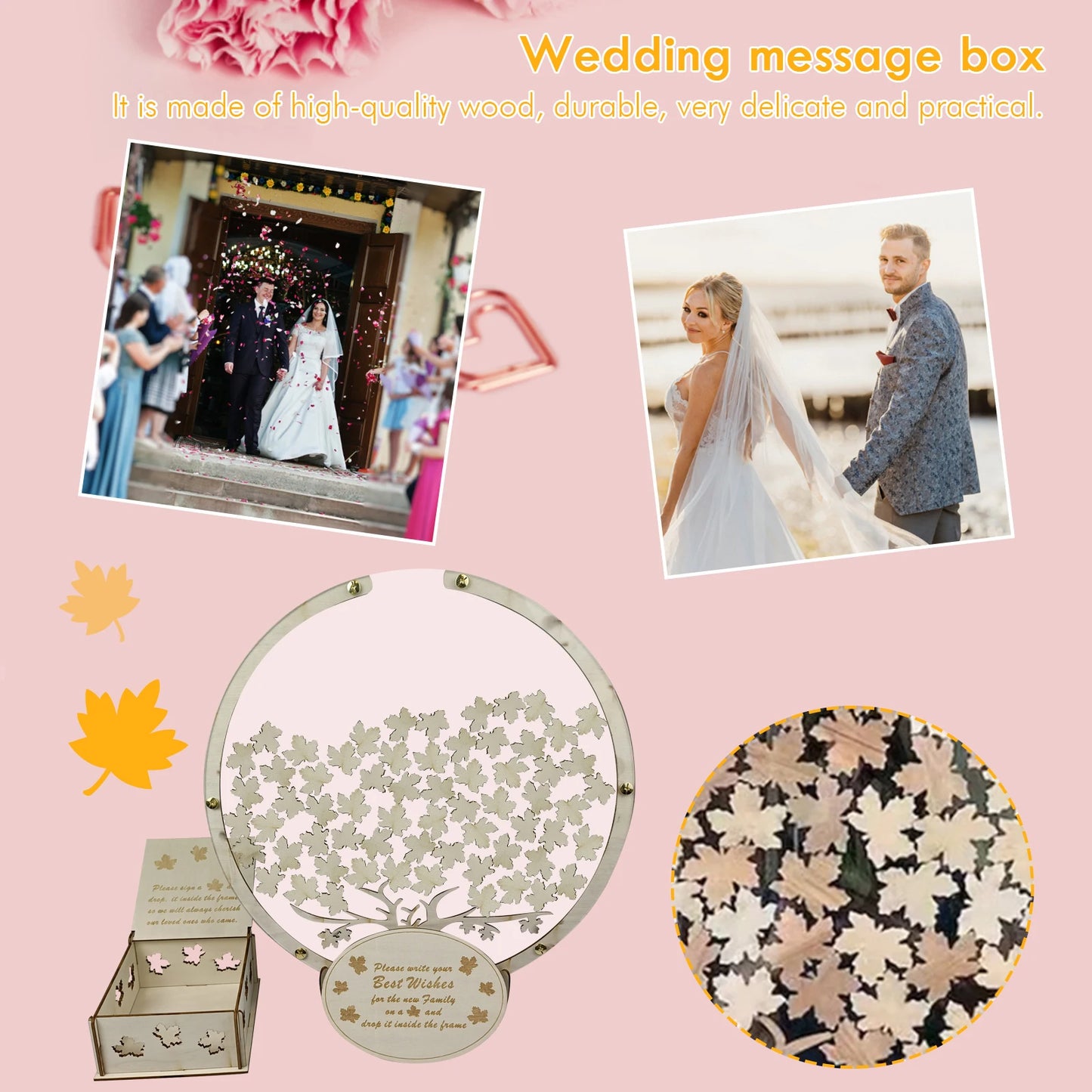Collage featuring a wedding message box with a tree design, wooden leaf tokens, and two wedding photos against a pink background with floral accents.