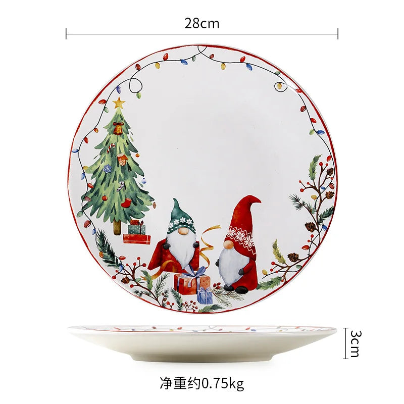 Decorative plate, 28cm in diameter and 3cm in height, featuring a Christmas tree, two gnomes, and gift boxes. The edge is adorned with festive lights; weight is 0.75kg.