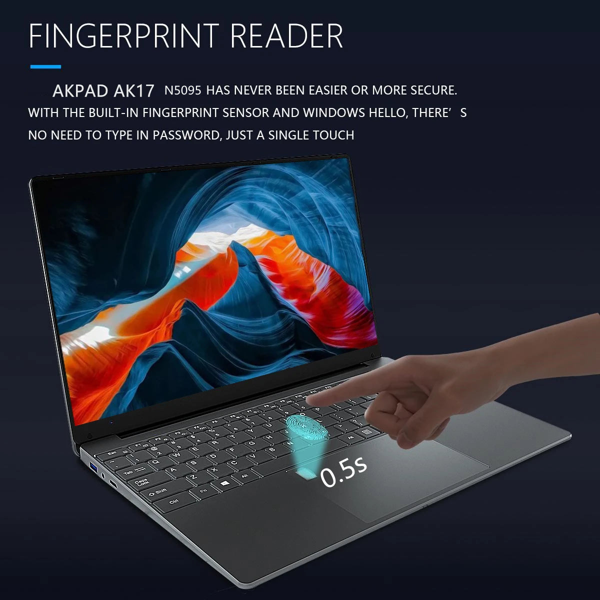 A hand uses the fingerprint reader on a laptop with a vibrant screen. Text highlights quick, secure login in 0.5 seconds with AKPAD AK17 and Windows Hello, eliminating password entry.
