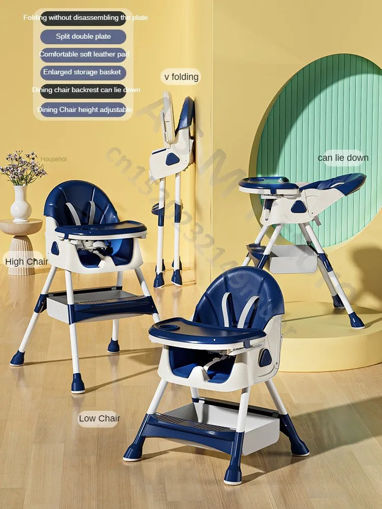 Multifunctional chair set featuring high and low chairs, foldable design, adjustable backrest, and storage basket. Displayed on a wooden floor with a yellow and green backdrop.