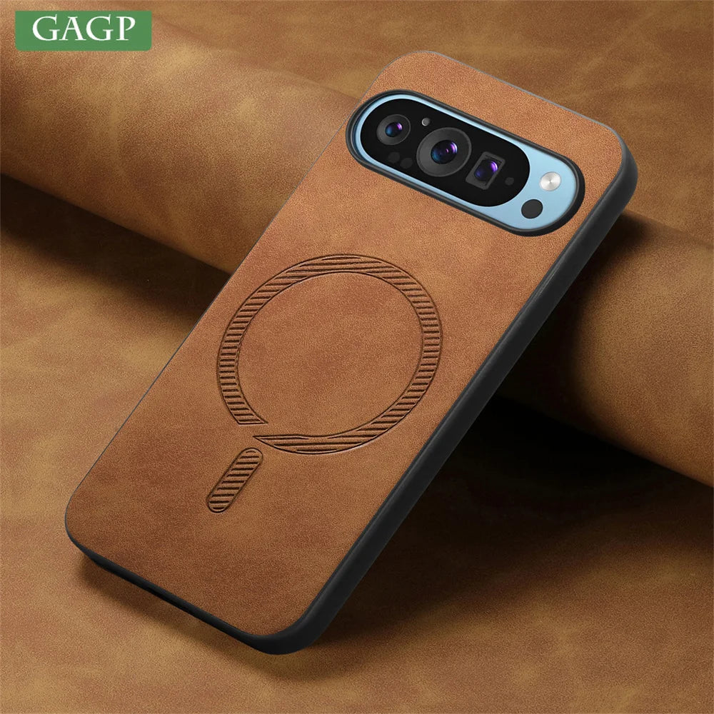 Brown leather phone case with a raised circular design, fitted around a smartphone with a triple camera setup. Background matches the case's leather texture.