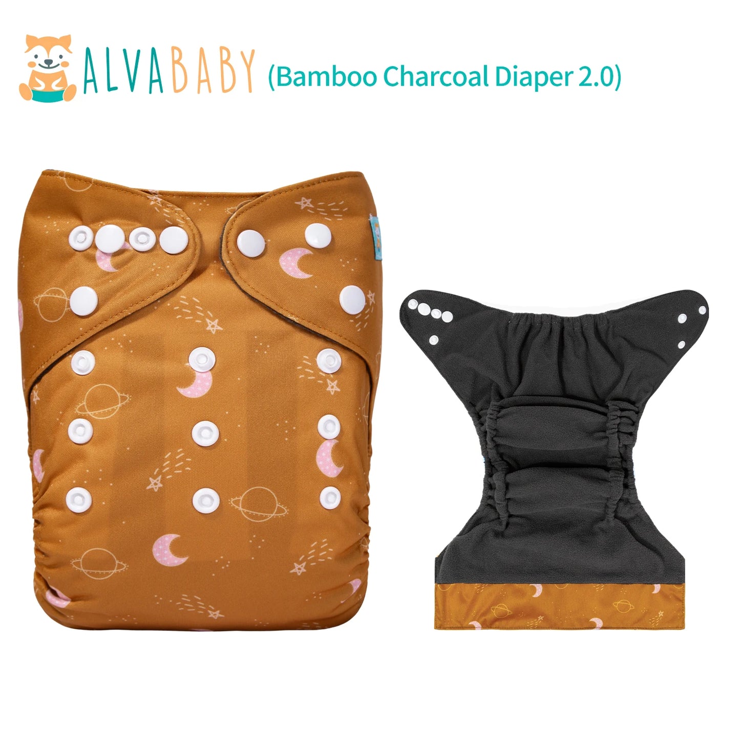 Cloth diaper with space-themed pattern, featuring white snaps and a brown, planet and moon design. Interior is black and textured. Branding text "ALVABABY Bamboo Charcoal Diaper 2.0" above.
