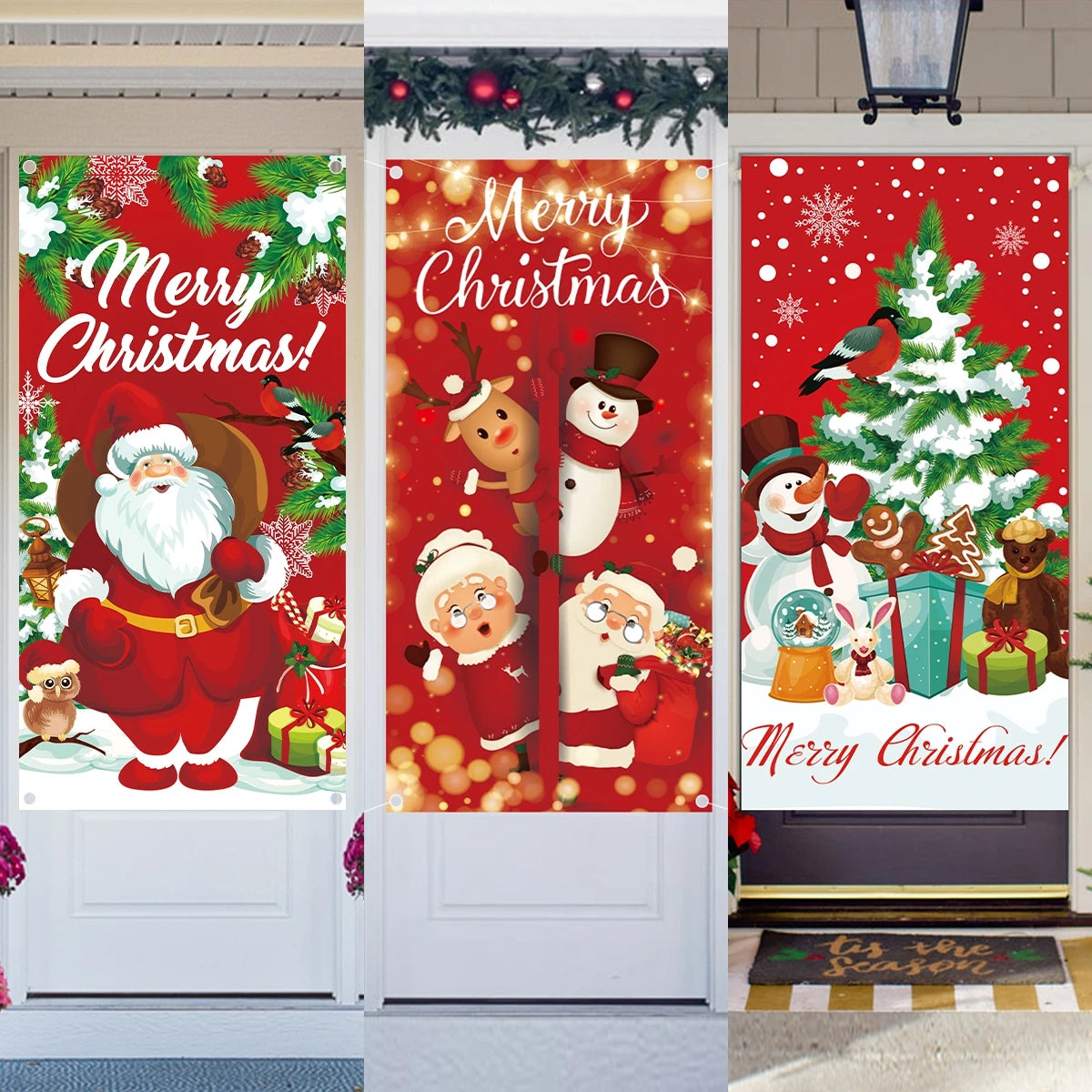 Three festive door banners with "Merry Christmas" text: Santa with gifts, snowmen and reindeer, and a snowman with gifts under a snowy tree, each on a red background.