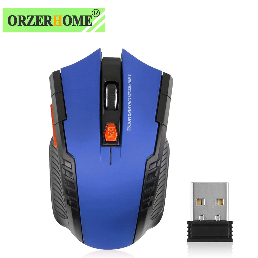 Blue and black wireless gaming mouse with an orange DPI button, accompanied by a USB receiver. The brand name "ORZERHOME" is displayed in the top-left corner.