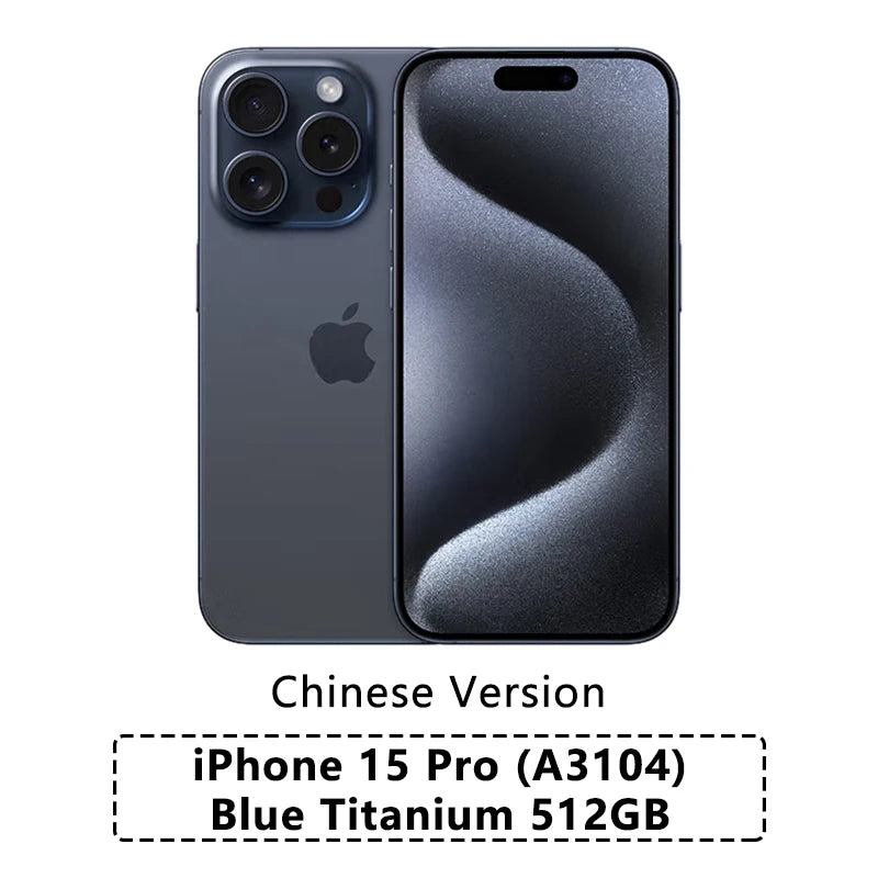 Blue iPhone 15 Pro (A3104), Chinese version, 512GB, shown front and back. Back features triple camera setup. Front displays a dark, curved abstract wallpaper.