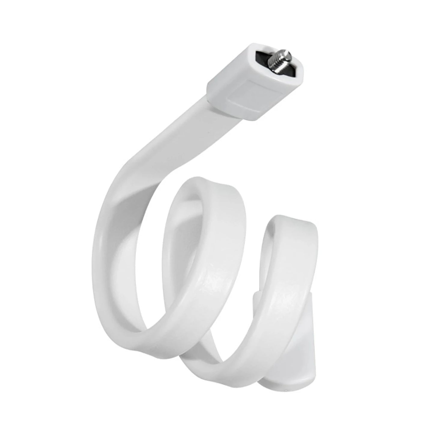 White plastic spiral dough hook attachment for a mixer, featuring a flat shaft with a metal connector at the top and a smooth, curving design ideal for kneading dough.