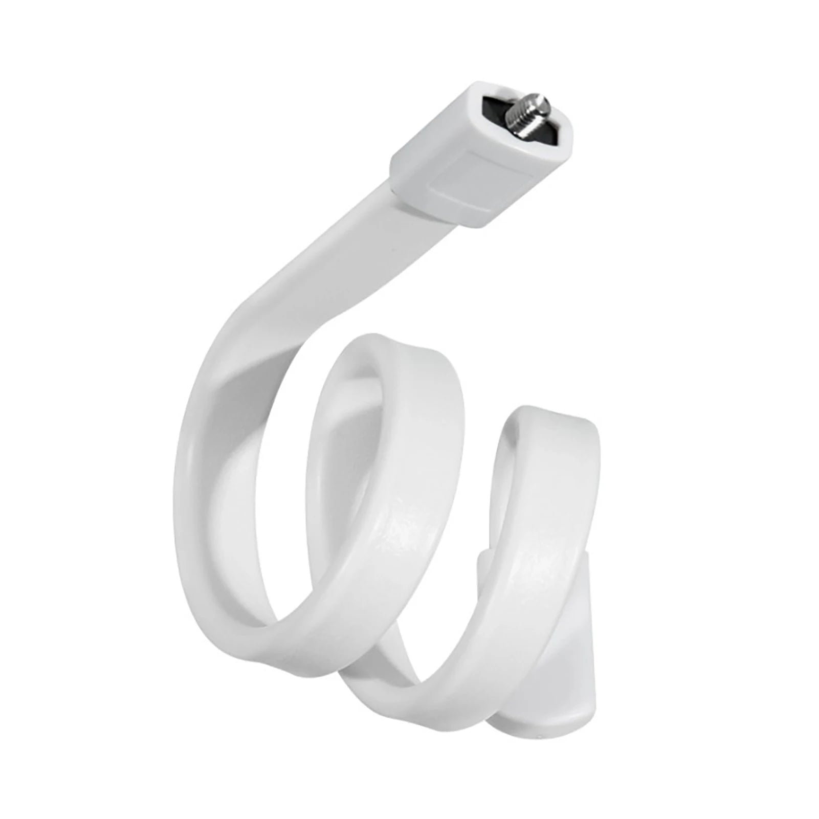 White plastic spiral dough hook attachment for a mixer, featuring a flat shaft with a metal connector at the top and a smooth, curving design ideal for kneading dough.