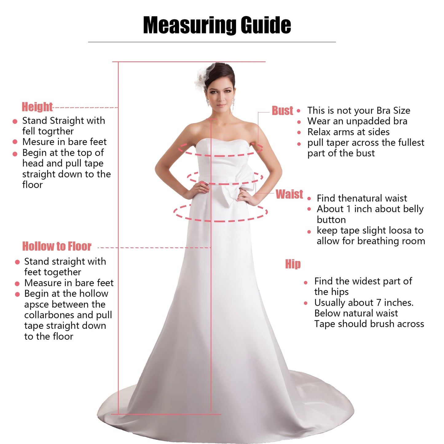Bridal measuring guide with instructions for height, bust, waist, hip, and hollow to floor. Illustrated on a woman in a white dress with guidelines for accurate measurements.