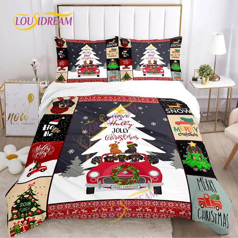 Festive bedding set featuring dachshund dogs in a red car under a Christmas tree. Text reads "Have a Holly Jolly Christmas." Decorations include snowflakes and holiday patterns.