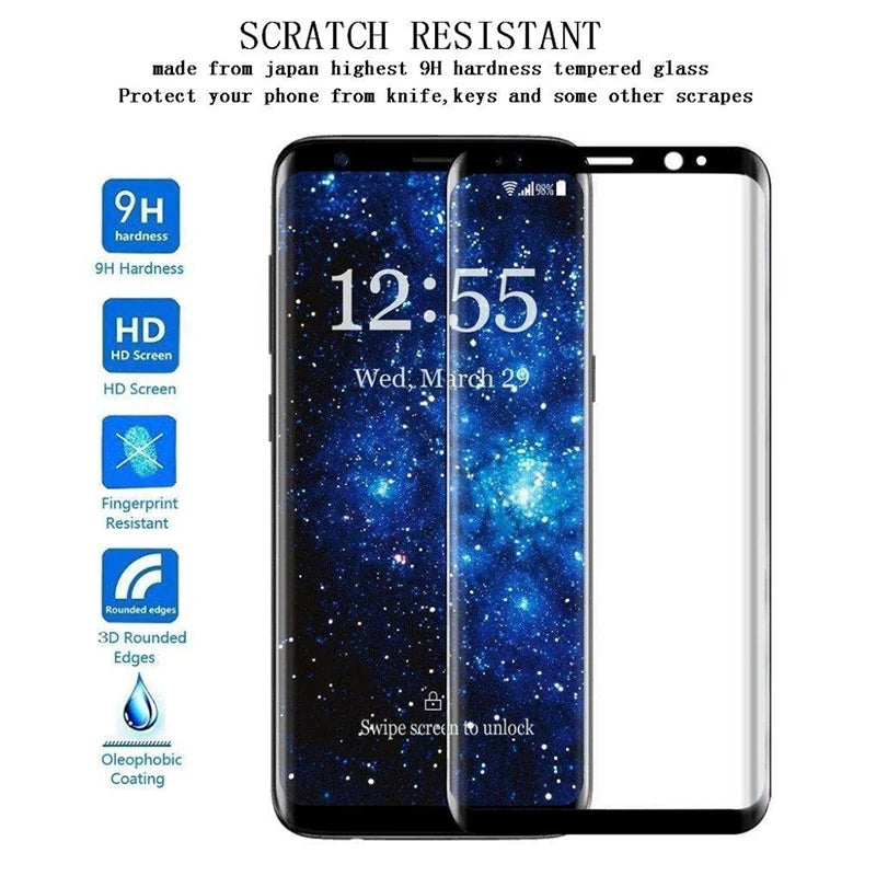 Tempered glass screen protector for smartphones, featuring 9H hardness, fingerprint resistance, HD clarity, 3D rounded edges, and oleophobic coating. Protects against scratches and scrapes.