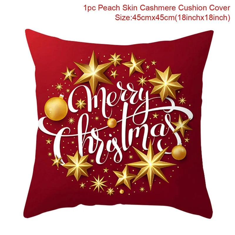 Red cushion cover with "Merry Christmas" in white script, adorned with gold stars and ornaments. Made of peach skin cashmere, size 45cm x 45cm (18in x 18in).