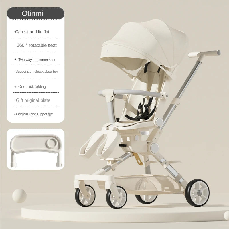 Beige stroller with adjustable canopy and 360° rotatable seat. Features include suspension, one-click folding, foot support, and reversible seat. Text highlights product details.