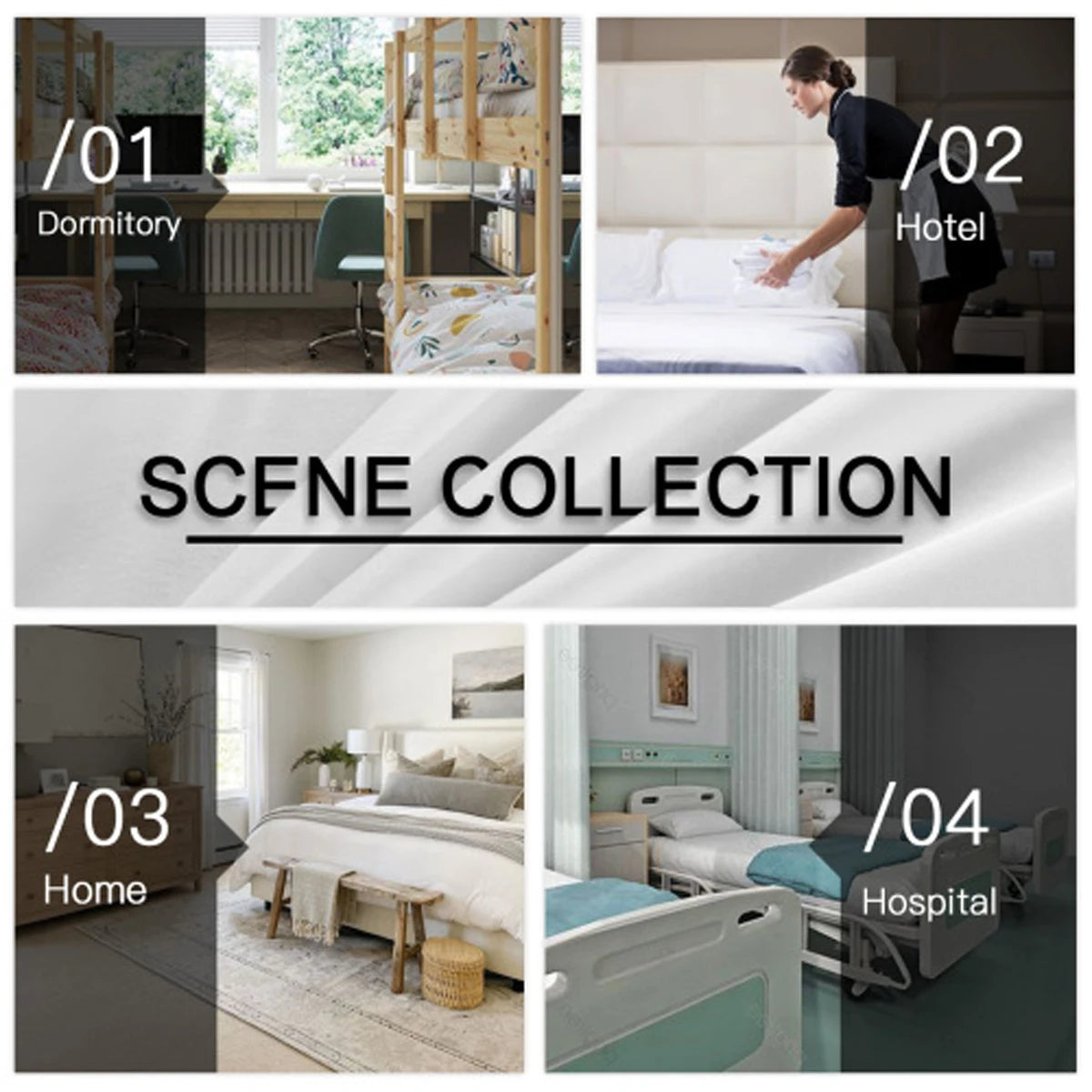 Collage titled "SCFNE Collection" with images of four interiors: Dormitory with bunk beds, Hotel with a maid, a cozy Home bedroom, and a Hospital with twin beds.