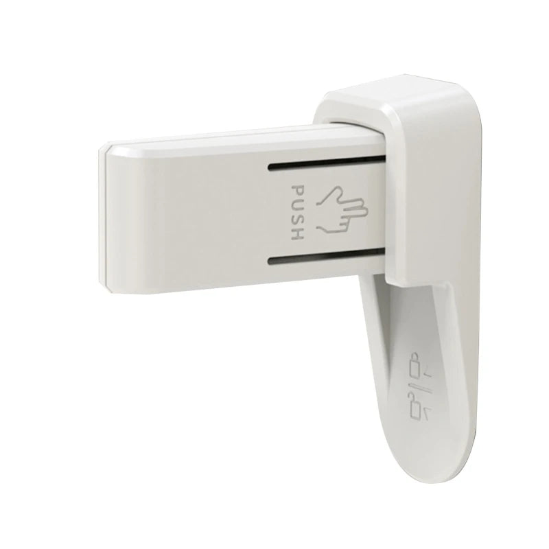 White wall-mounted latch with a "push" label and hand icon, featuring a sliding mechanism. The latch is rectangular with a curved base for securing doors or panels.