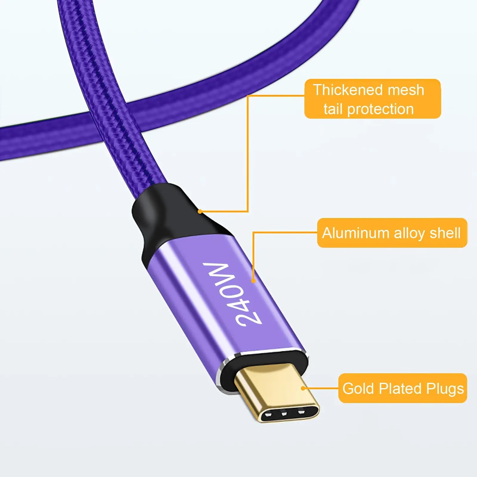 Purple USB-C cable with 240W written on a metal alloy shell, featuring gold-plated plugs and thickened mesh tail protection. Designed for high efficiency and durability.