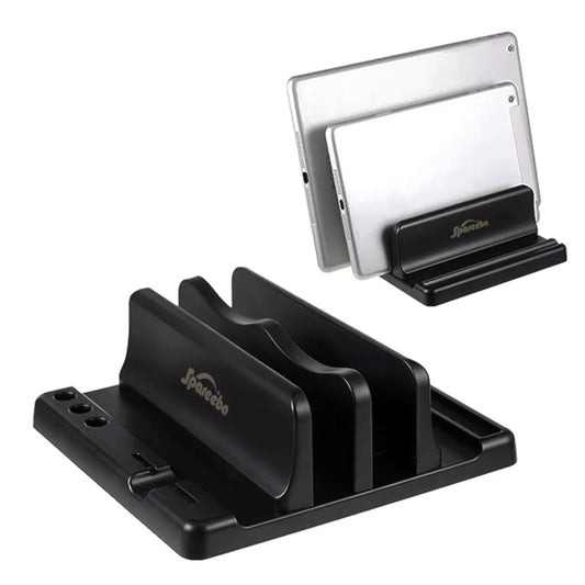 Black adjustable tablet stand holder with multiple slots, shown holding two tablets. The design is sleek and compact, suitable for organizing devices on a desk.
