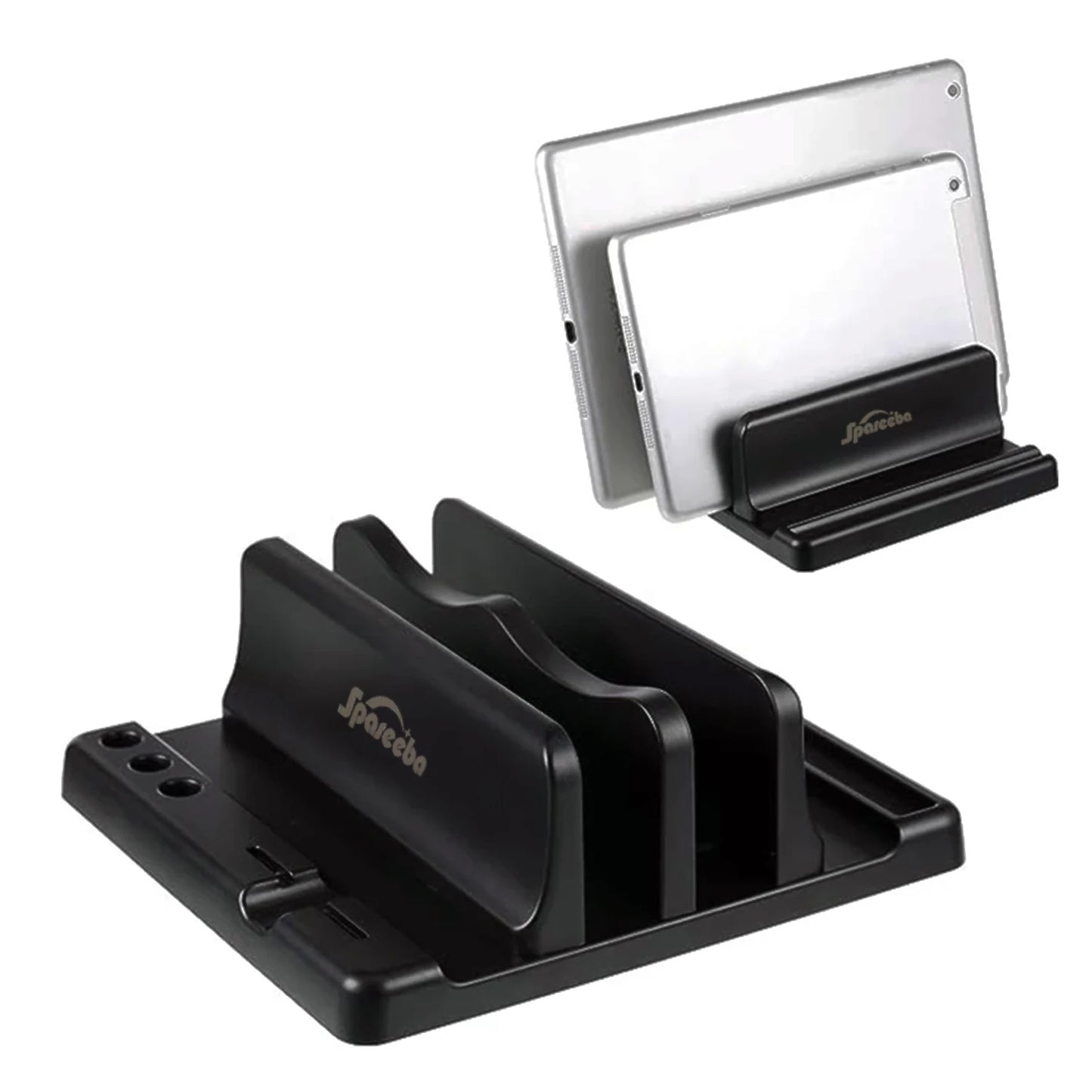 Black adjustable tablet stand with three slots, holding two tablets. The stand has an integrated cable organizer on the side.
