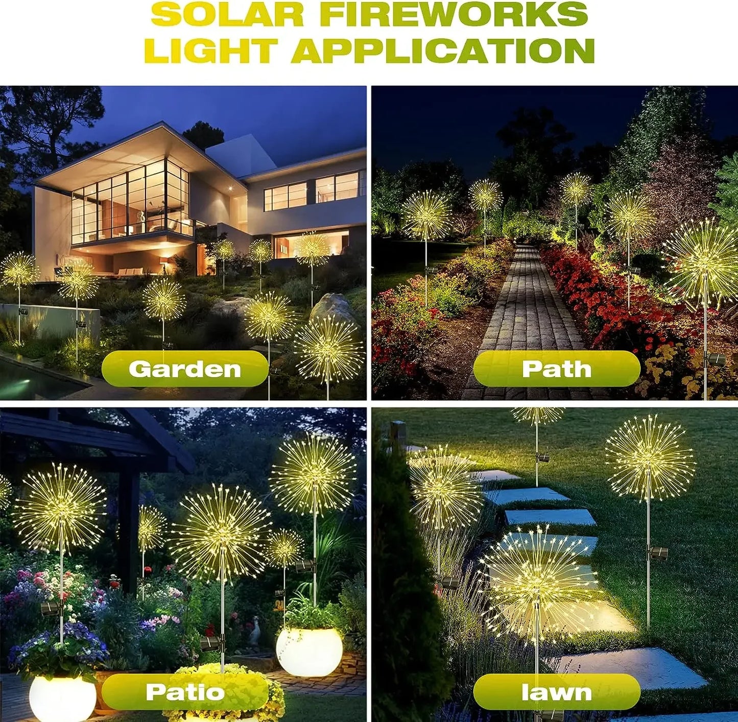 Solar fireworks lights illuminate a garden, path, patio, and lawn, creating a bright and festive atmosphere with their starburst design.