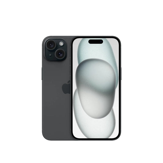 Front and back view of a smartphone with dual rear cameras and a sleek design. The screen displays abstract gray ovals. The phone is dark gray.