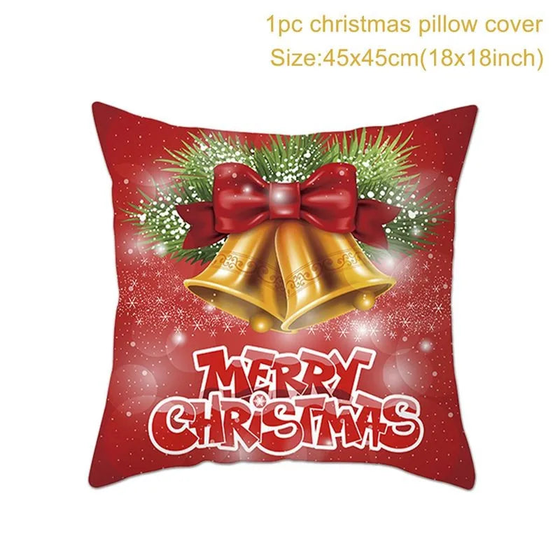 Red Christmas pillow cover with golden bells, a red bow, greenery, and "Merry Christmas" text. Snowflake pattern background. Size: 45x45cm (18x18 inches).